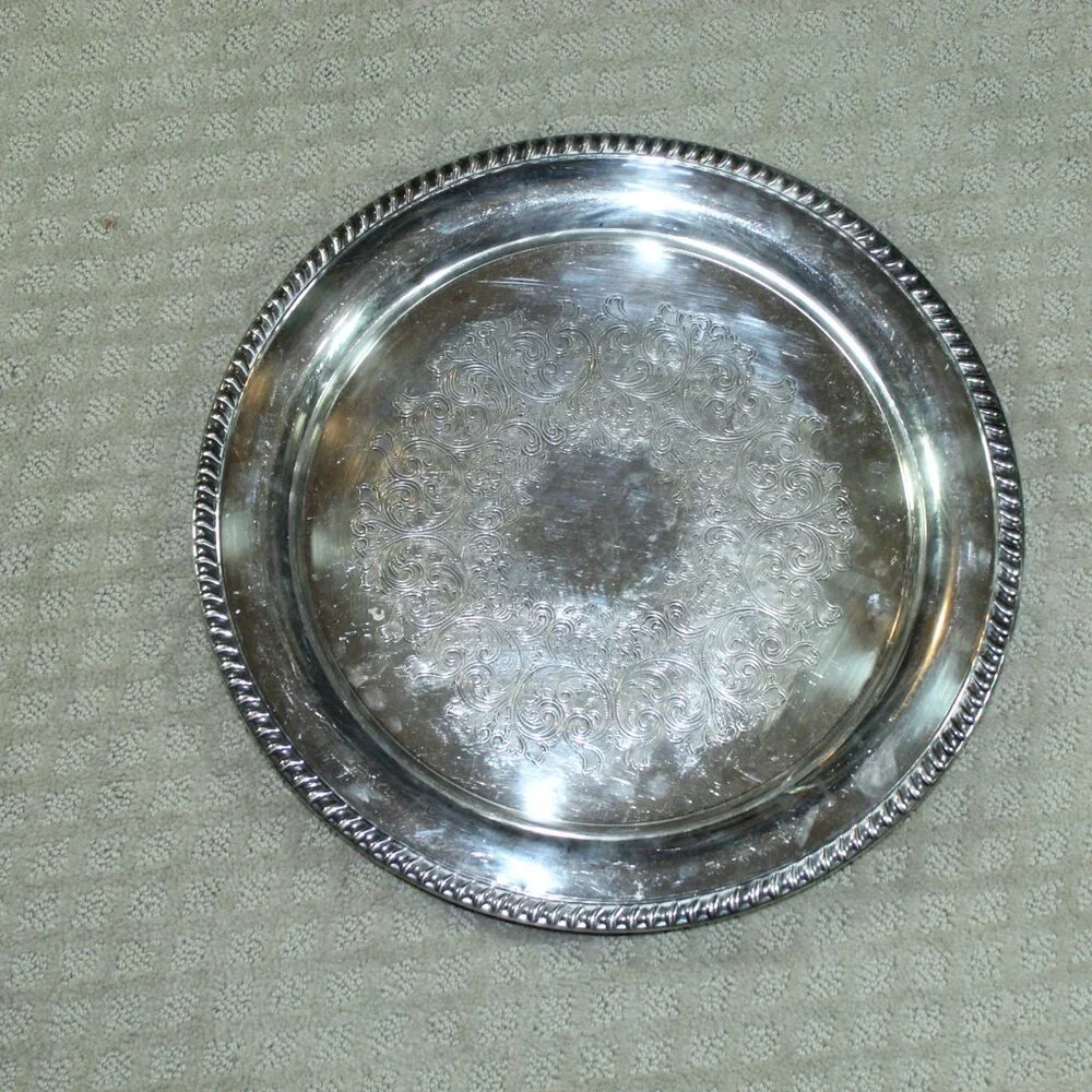 Vintage Wm A. Rogers Round Silver-Plated Platter Tray Braided Rope Edge 15”
